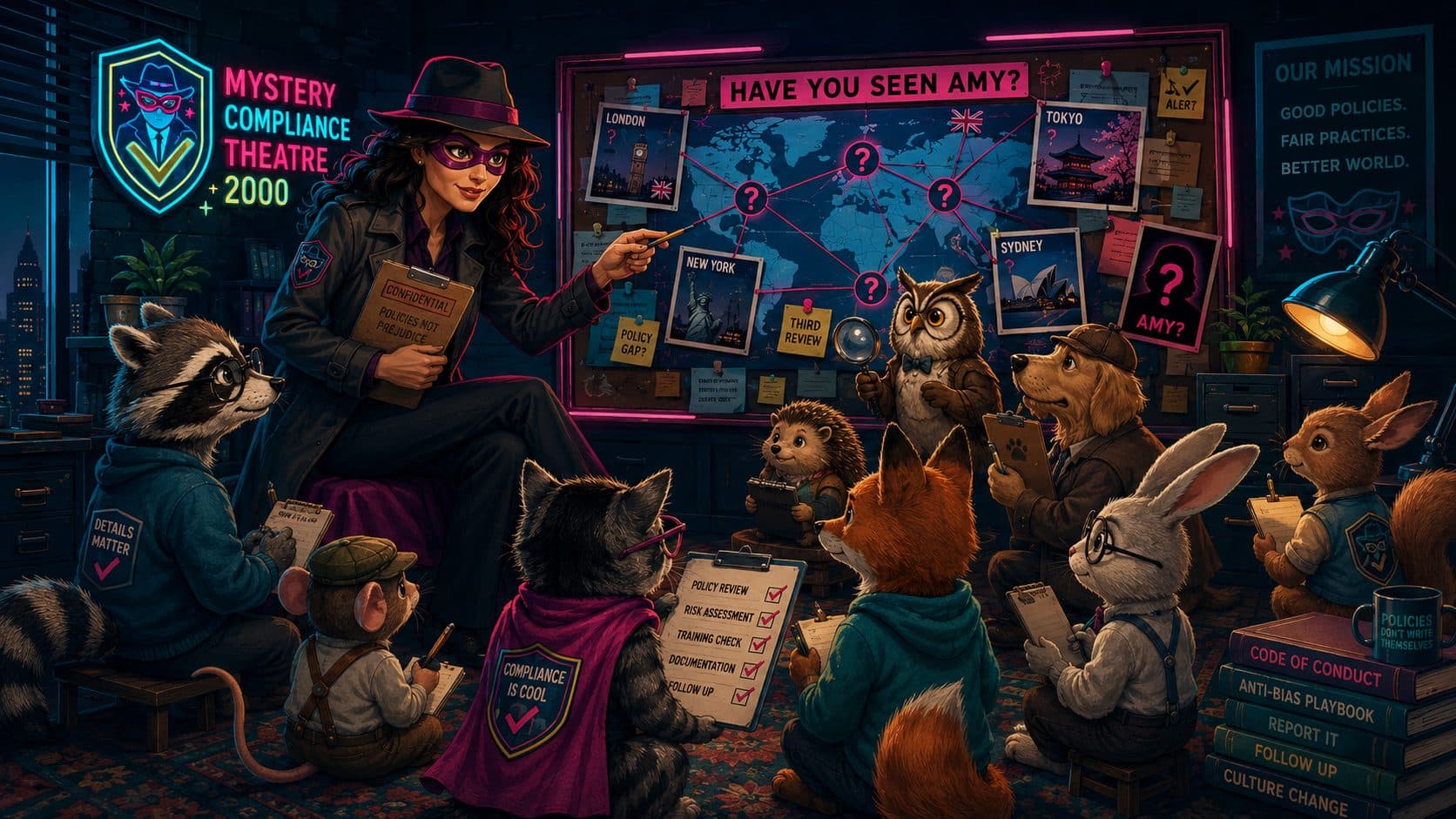 Detective answering questions from adorable compliance animals in a cozy investigation office