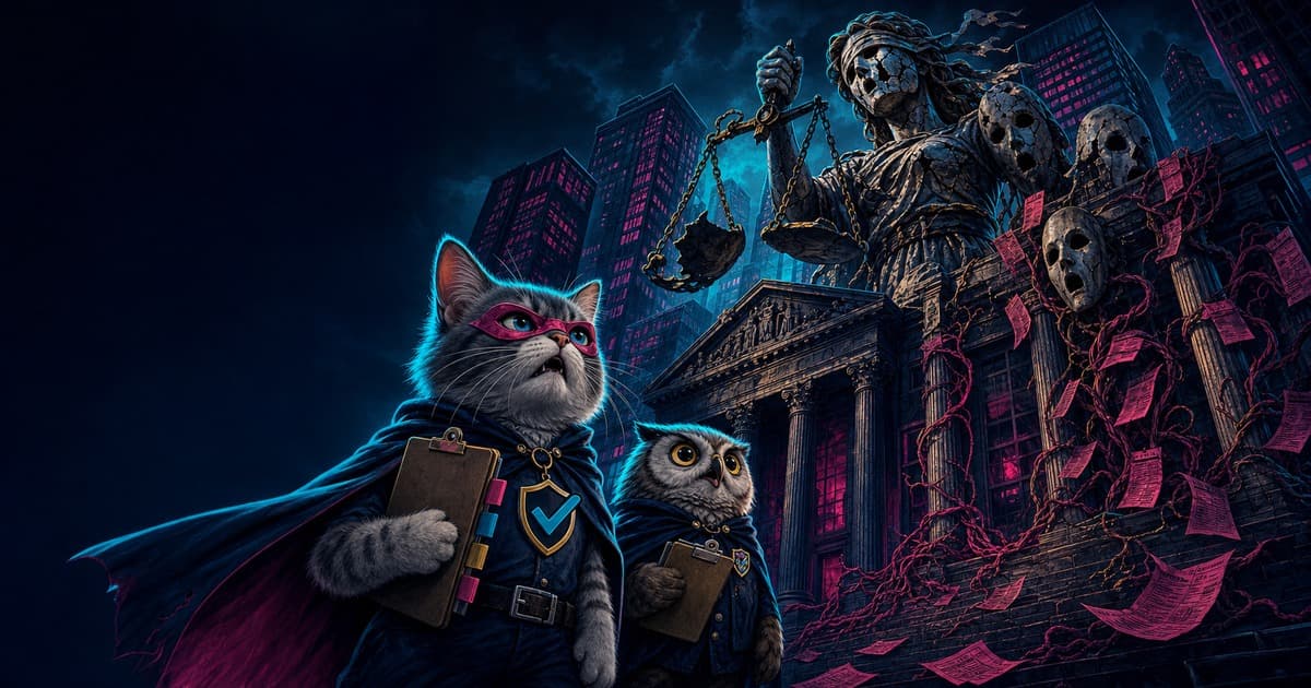 Compliance Kitty and a document owl confronting a distorted justice building